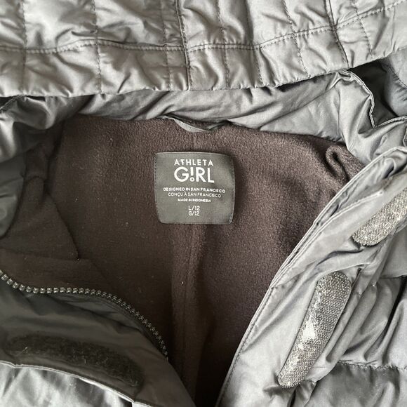 Athleta Down Puffer Jacket Girls Large 12 Black Snow Day Hooded Parka Winter - Picture 2 of 6